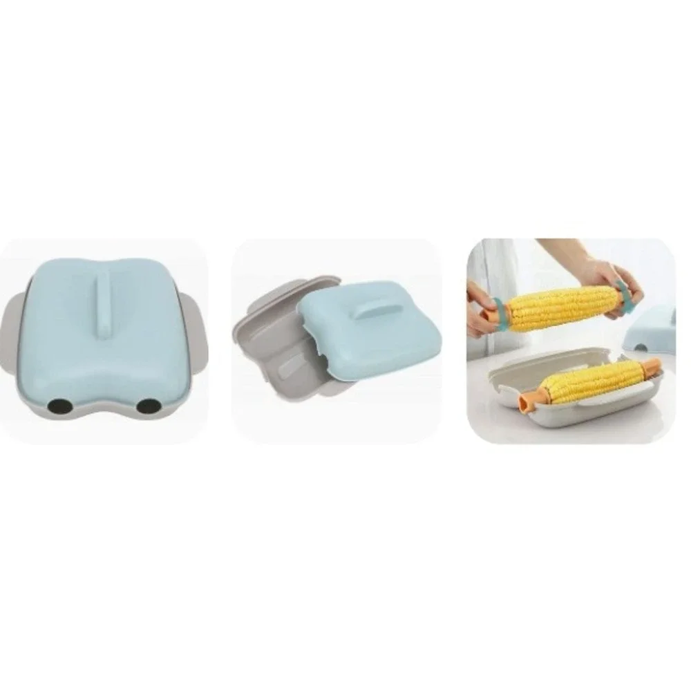 Microwave Corn Cooker‎ Steamer Tray with Lid and 4 Reusable Spikes Blue Gray